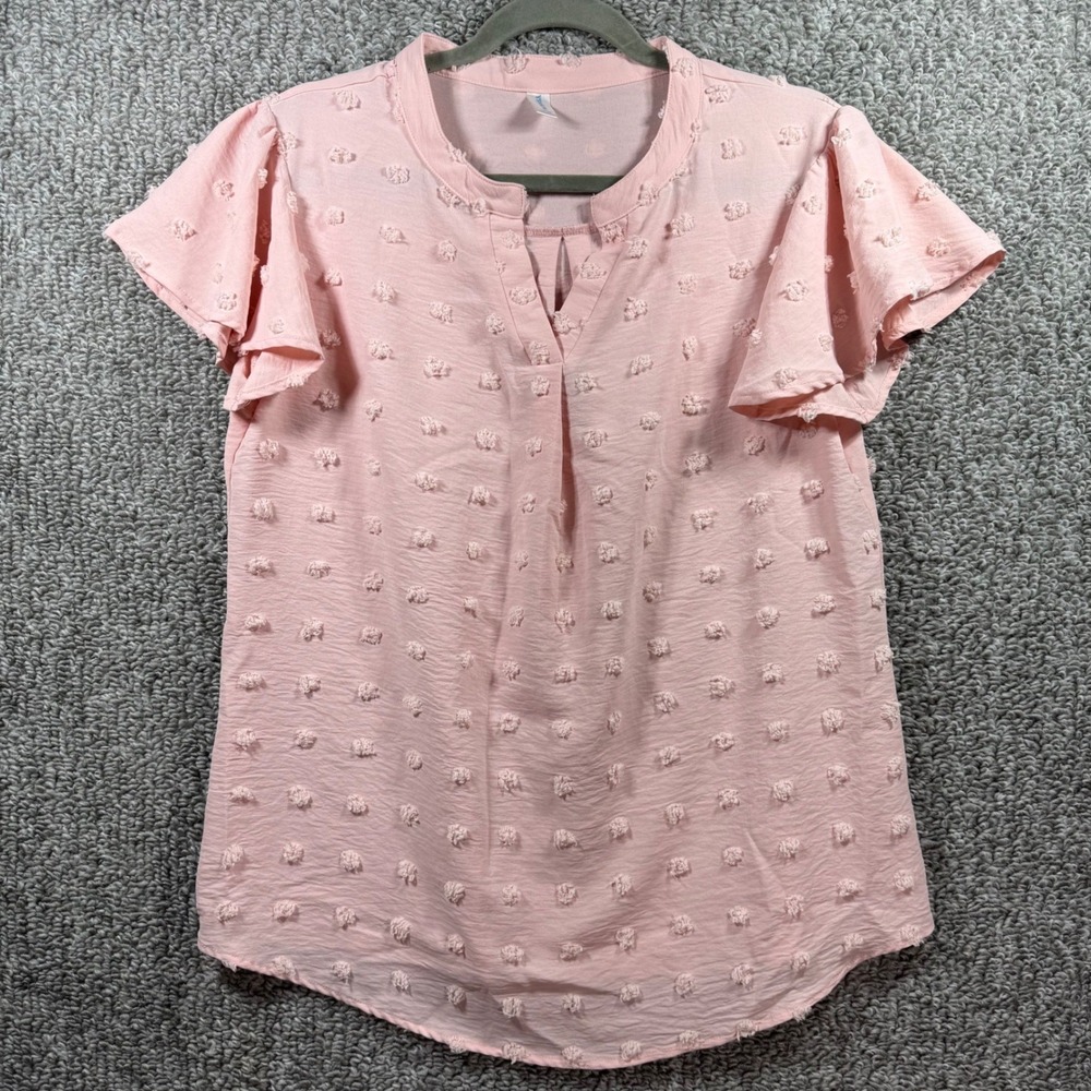 YSYOKOW Blouse Pink Swiss Dot Flutter Sleeve‎ V-Neck Top Pom Pom Womens Large